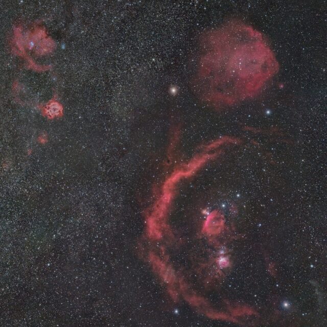 nébuleuses d'Orion, de l'arbre de Noel et de la rosette